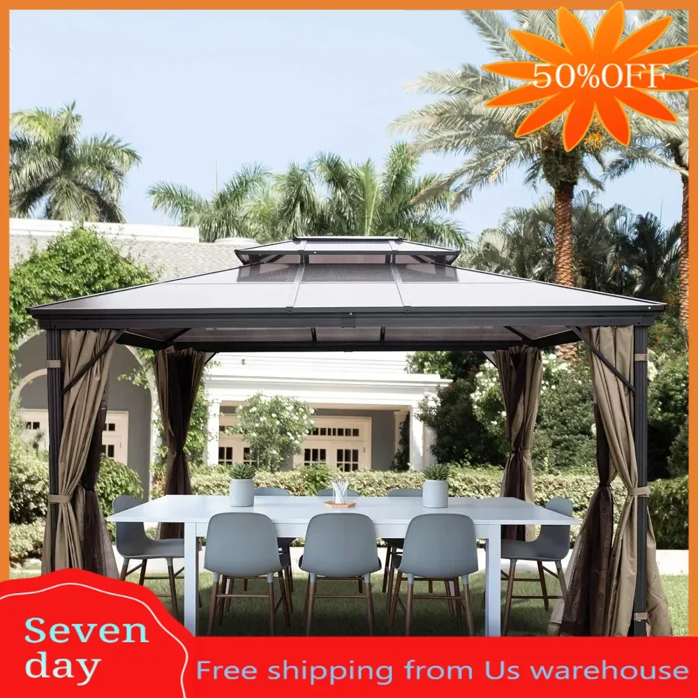 

Hardtop Roof Gazebo 10' x 10' with Netting - Metal Aluminum Double Tier Roof-Gazebos for Patios, Backyard, Sunshade Gazebo