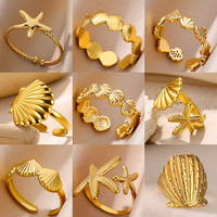 Bohemia Shell Starfish Ring For Women Gold Color Stainless Steel Open Ring Summer Travel Seaside Beach Party Jewelry Gift