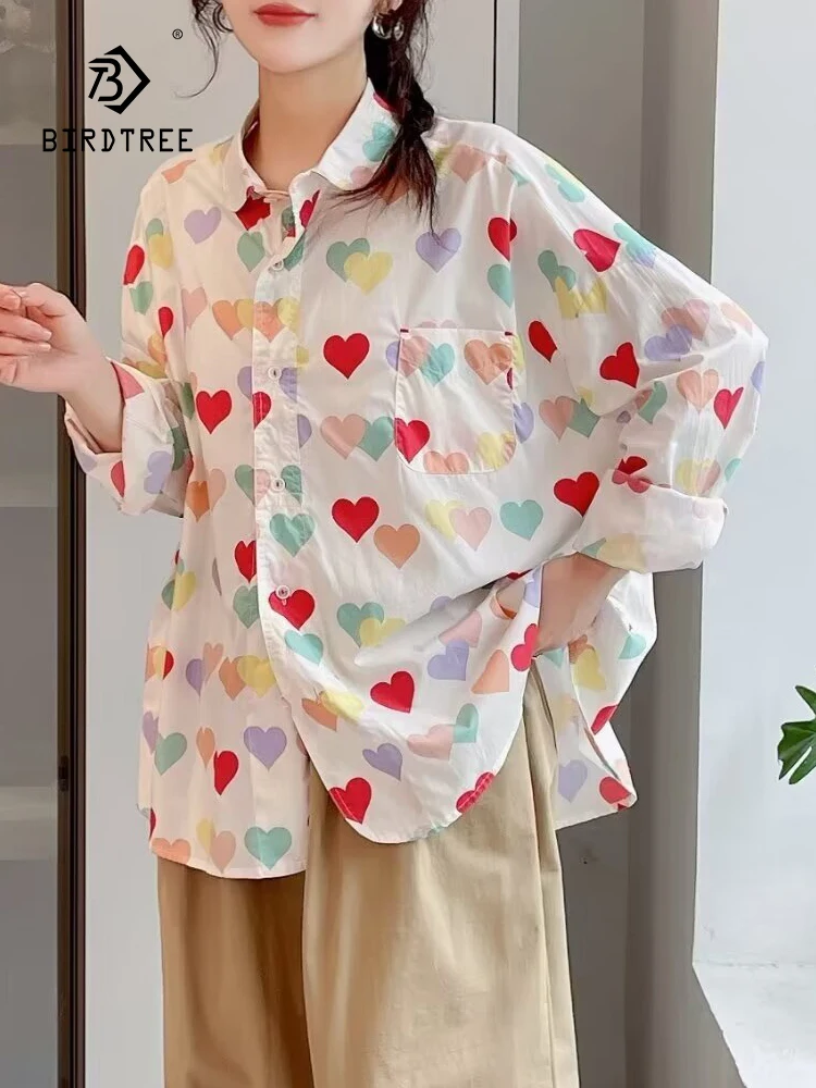 

Женская хлопковая рубашка с принтом Love, Повседневная Свободная блузка с отложным воротником и длинным рукавом, милый топ для девушек на весну и лето, T455149QC, 2024