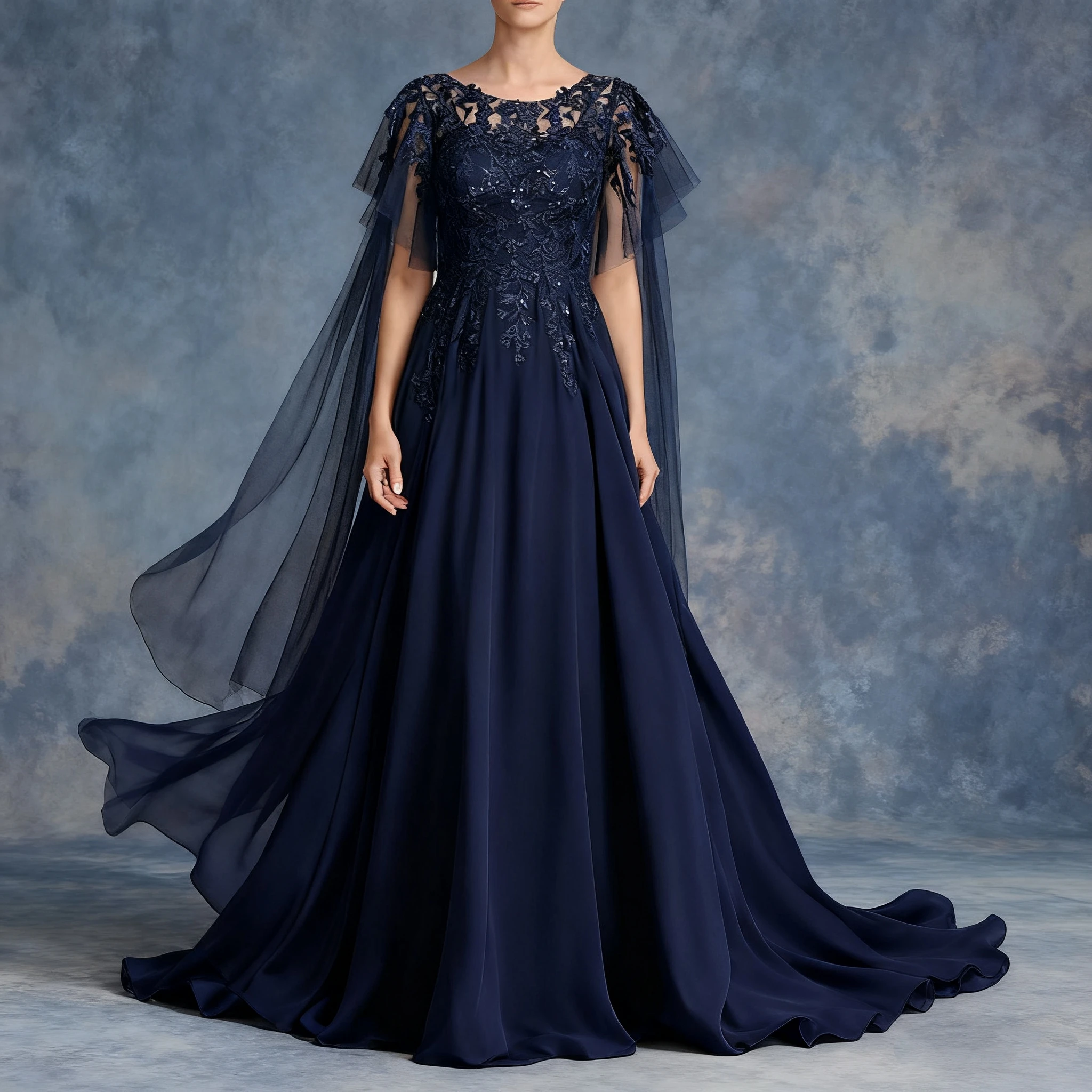 

Lace Applique Mother of The Bride Dresses for Wedding Long Chiffon Scoop Formal Evening Gown