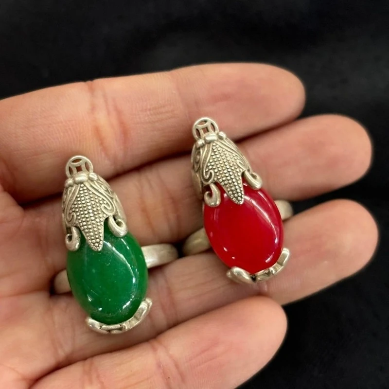 Retro Tibetan Silver Plated Pixiu Open Ring, Carved Inlaid Red & Green Stones, Wealth Attracting Collectible Ring