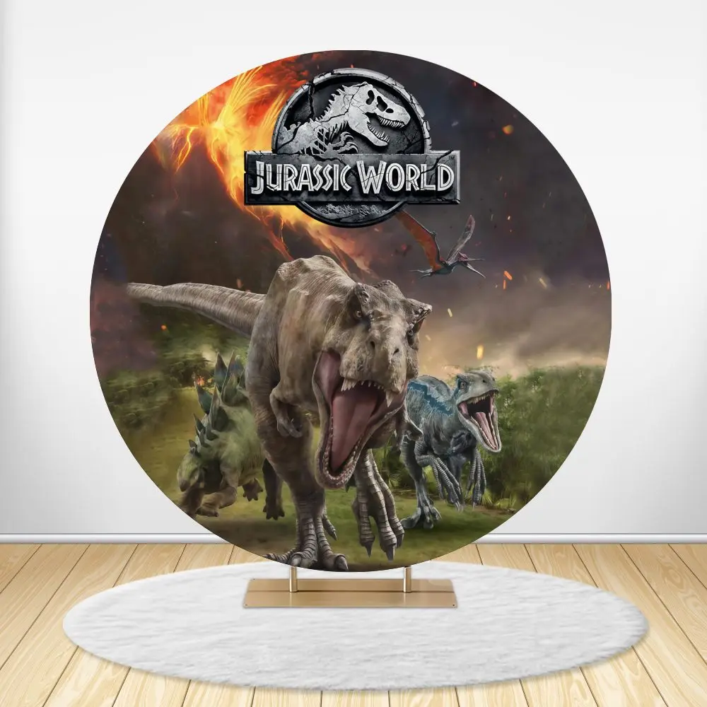 Dinosaur Baby Shower Round Backdrop Cover Jurassic World Boys Birthday Party Circle Background Wood Green Leaves Plinth Covers
