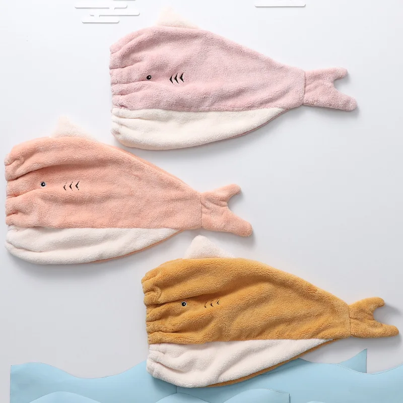 Fish Dry Hair Towel Women\'S Thickened Absorbent Shower Cap Coral Velvet Cute Animal Embroidery Quick Drying Bathroom Towel