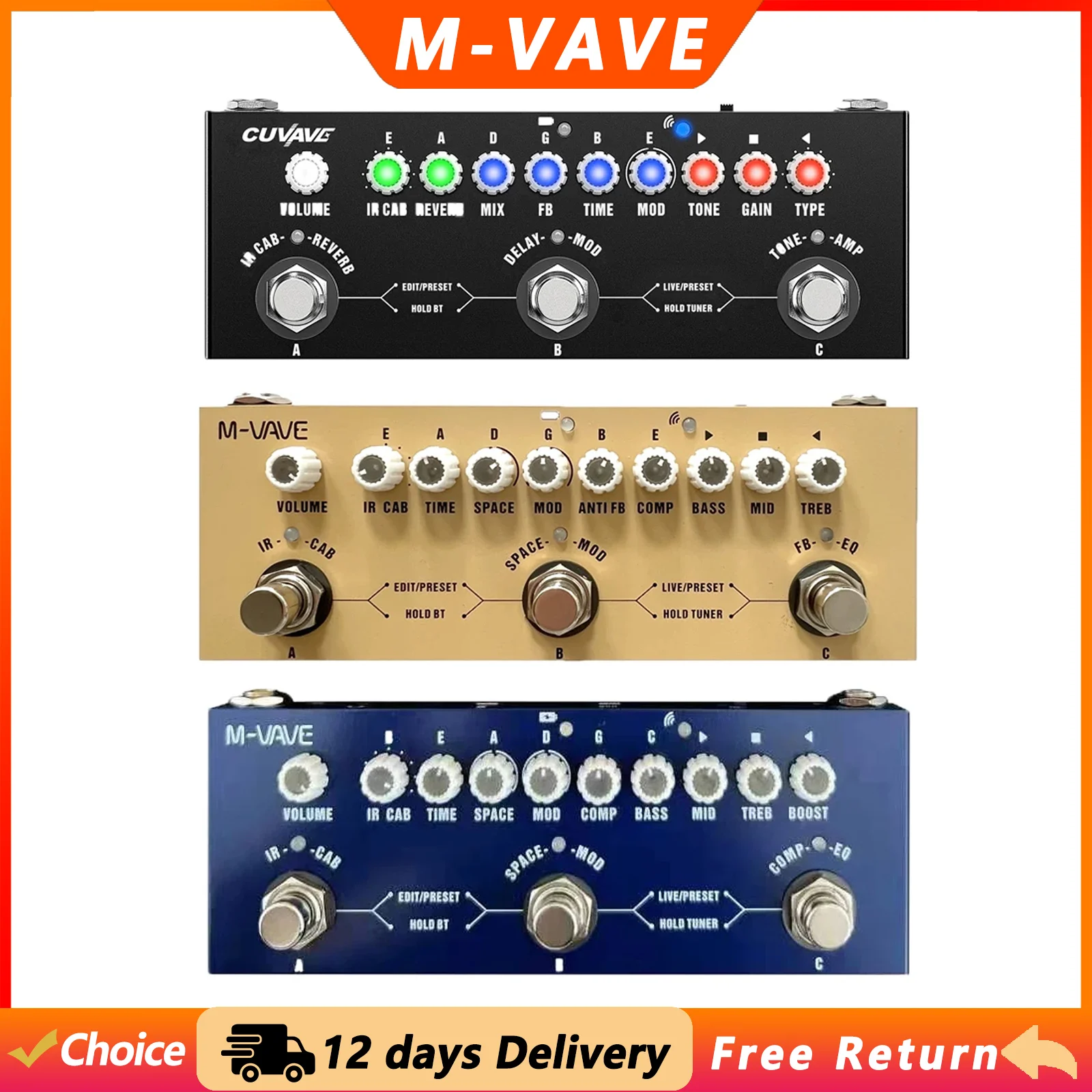 M-VAVE Cube BABY Guitar Multi-effects Pedal for Electric Guitar/Bass/Acoustic Guitar Rechargeable 8 IR Cabinets Simulation Pedal