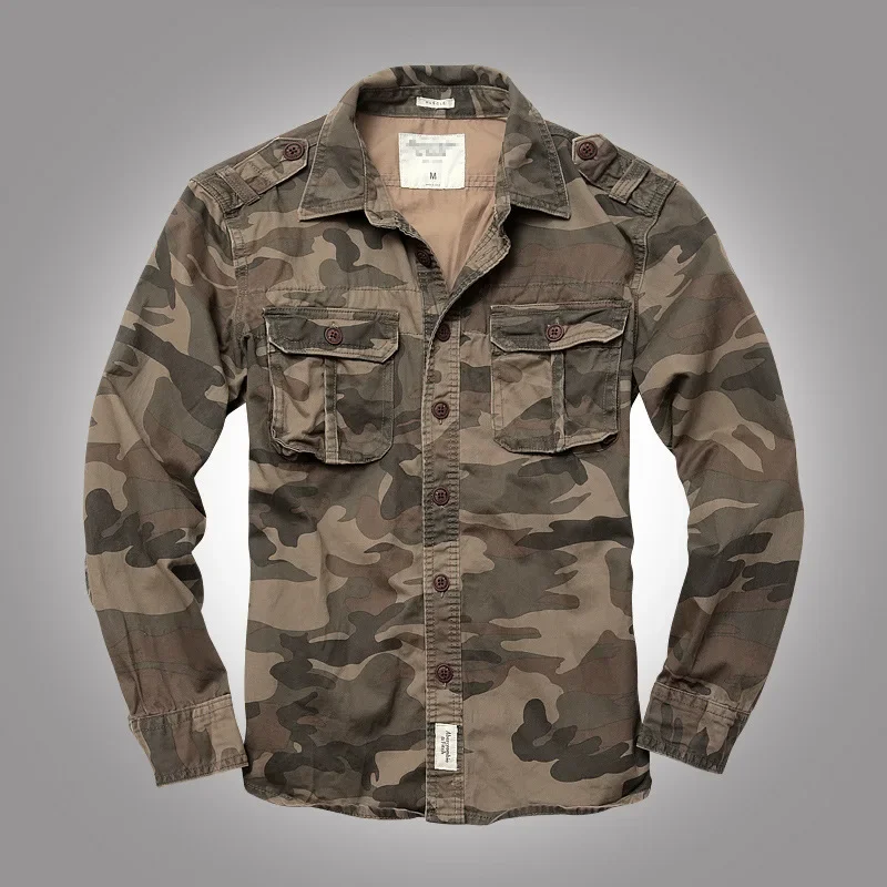 Men Camouflage Long-sleeved Shirt Ami Khaki Cotton Cargo Tooling Coats High-quality Thick Double Chest Pockets Shirt Outdoor