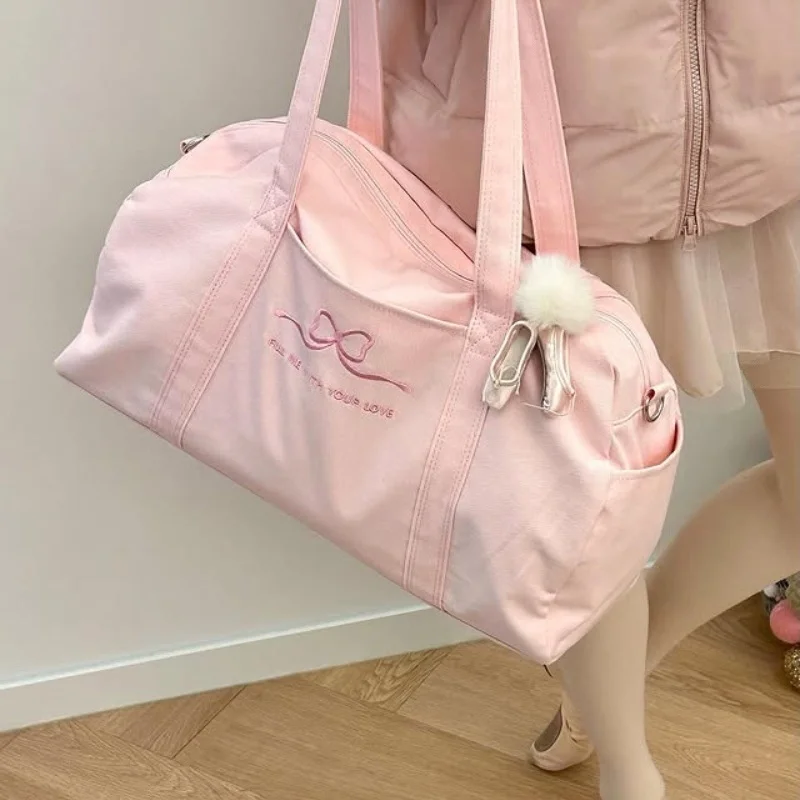 大容量トートバッグ、リボン刺繍入り、女性用旅行、ジム、スポーツ、ヨガ、ソフトガール、ショルダーバッグ、一泊旅行、週末収納バッグ