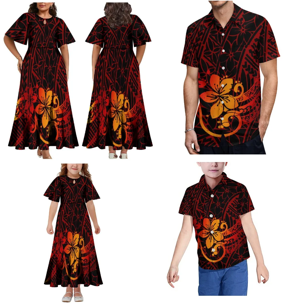 Fashionable Samoa House Party Set Women'S Short-Sleeved Dress Polynesia Fiji Tonga Tribal Dress And Men'S Shirt