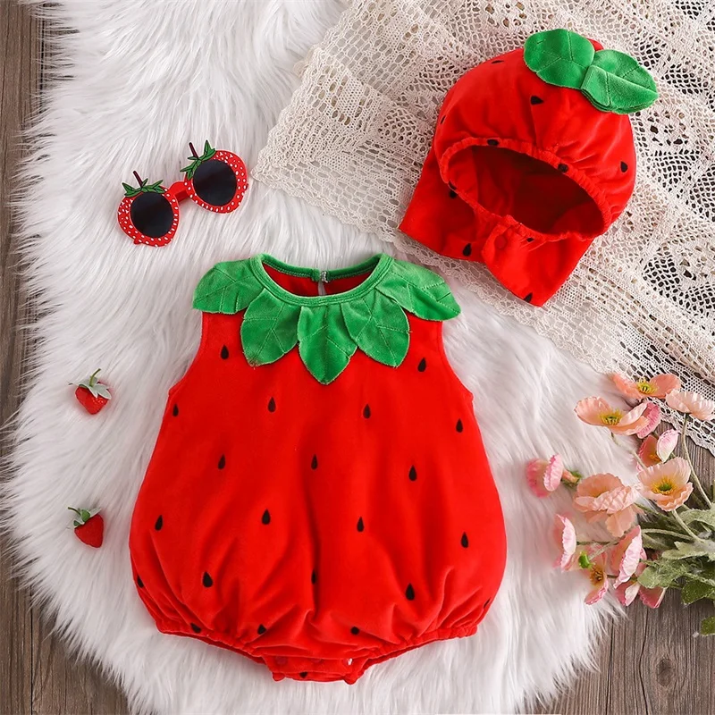 Toddler Baby Girls Strawberry Costume Christmas Halloween Strawberry Romper Fleece Leaf Trim Sleeveless Strawberry Romper Hat