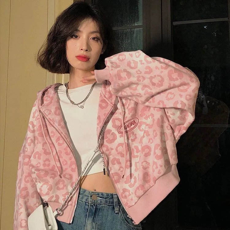 Pink leopard print short cardigan jacket women's spring and autumn new loose Hong Kong style retro hooded sweater tide