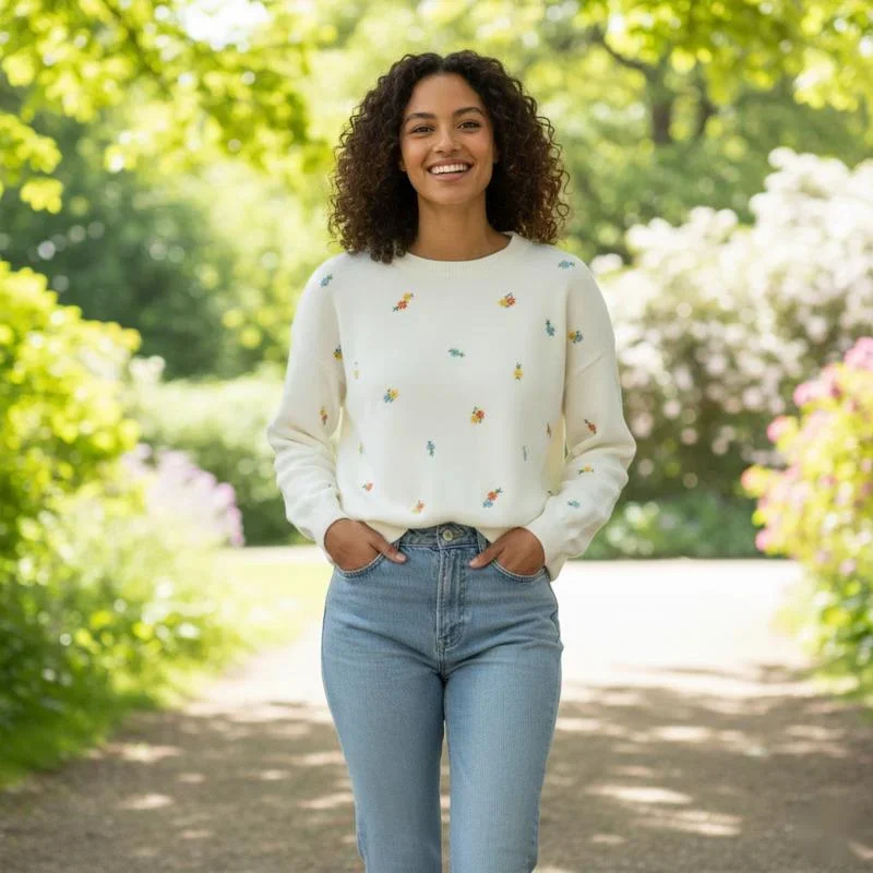 

Women’s Casual Loose Knitted Sweater Round Neck Floral Embroidered Design Long Sleeve Comfortable And Stylish Mid-length Sweater