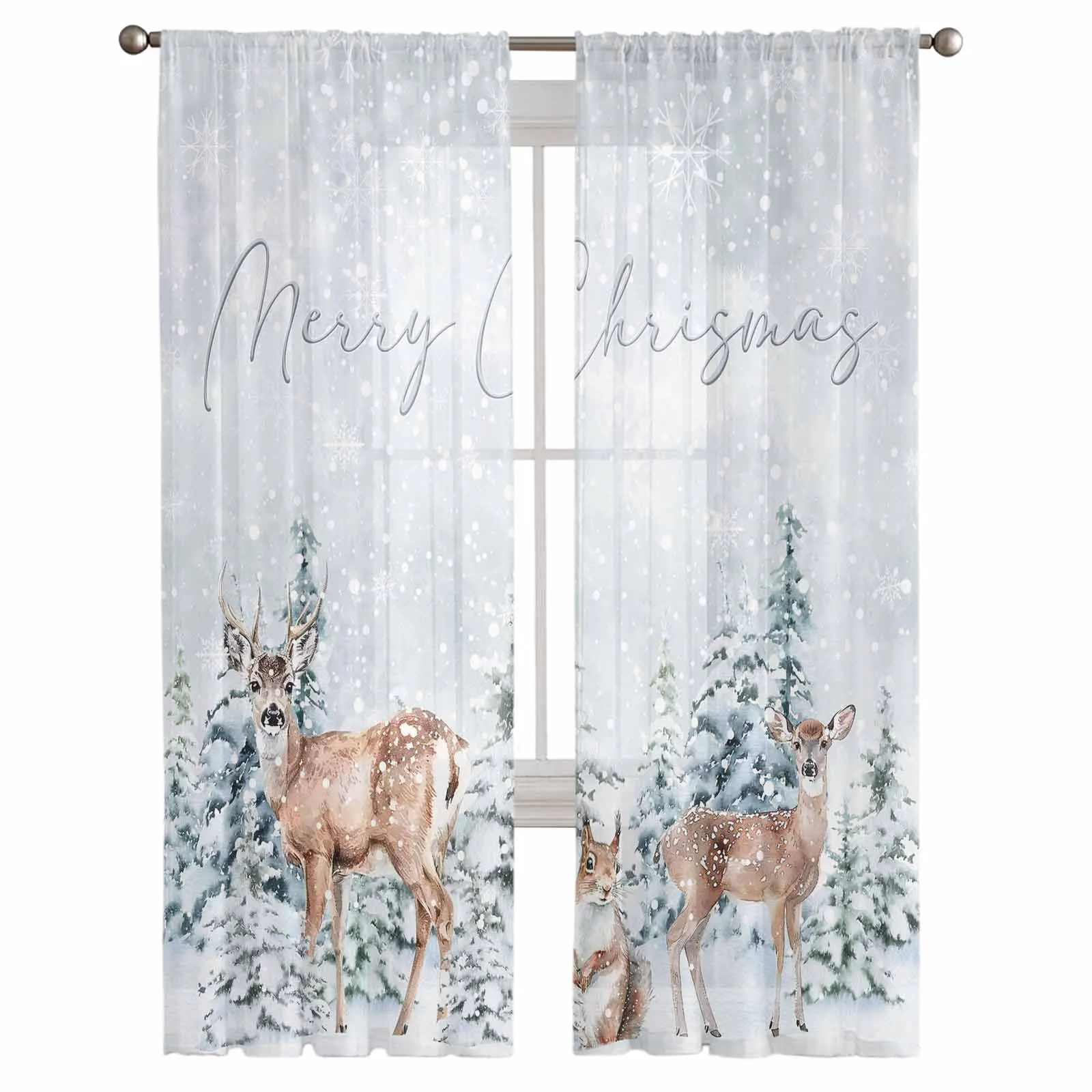 Christmas And Winter Tree Deer Curtains For Living Room Tulle Window Curtain Bedroom Kitchen Veil Drapes