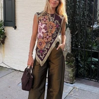 Fashion Floral Print Top With Fringe Trim For Women Vintage O-neck Sleeveless Asymmetric Hem Satin Blouse Lady 2026 Chic Tops - Image 4
