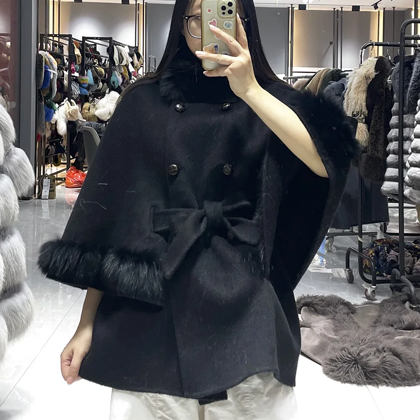 JANEFUR Women Double Breasted Woolen Cape Coat Winter Real Fur Trim Belted Cloak Jacket Ladies Warm Poncho Outerwear JFB4-26049