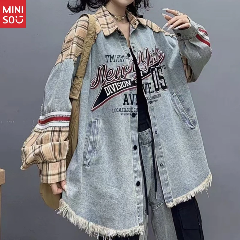 

Miniso 2025 Denim Patchwork Shirt, Retro Letter Design, Breathable Loose Fit Jacket
