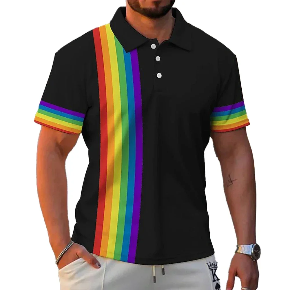 Men'S Polo-T-Shirt 3d Rainbow Printed Men Clothing Summer Casual Short Sleeved Loose Oversized Shirt Street Fashion Tops Tees