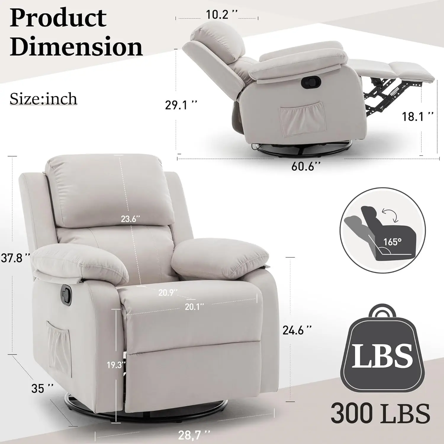 Recliner Chair, 360 Swivel Rocker Chair for Adults, Small Rocking Recliner Chair for Small Spaces, Upholstered Fabric Glider