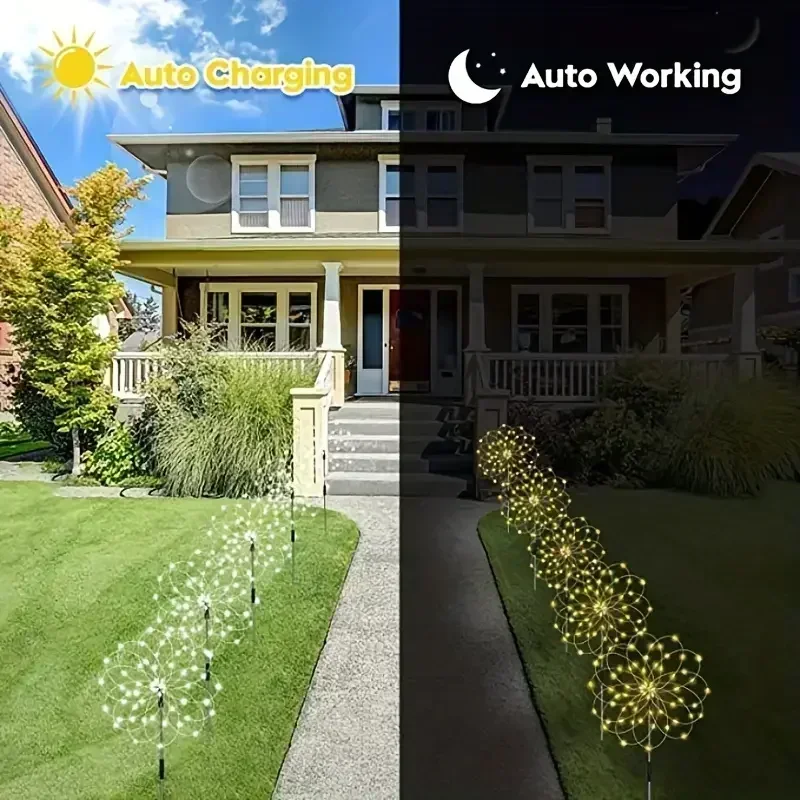 أضواء الألعاب النارية الشمسية الجديدة ذات 8 أوضاع 420 مصباح LED - أبيض دافئ متعدد الألوان IP65 مثالية للحديقة والفناء والممشى والحفلات وديكور الزفاف