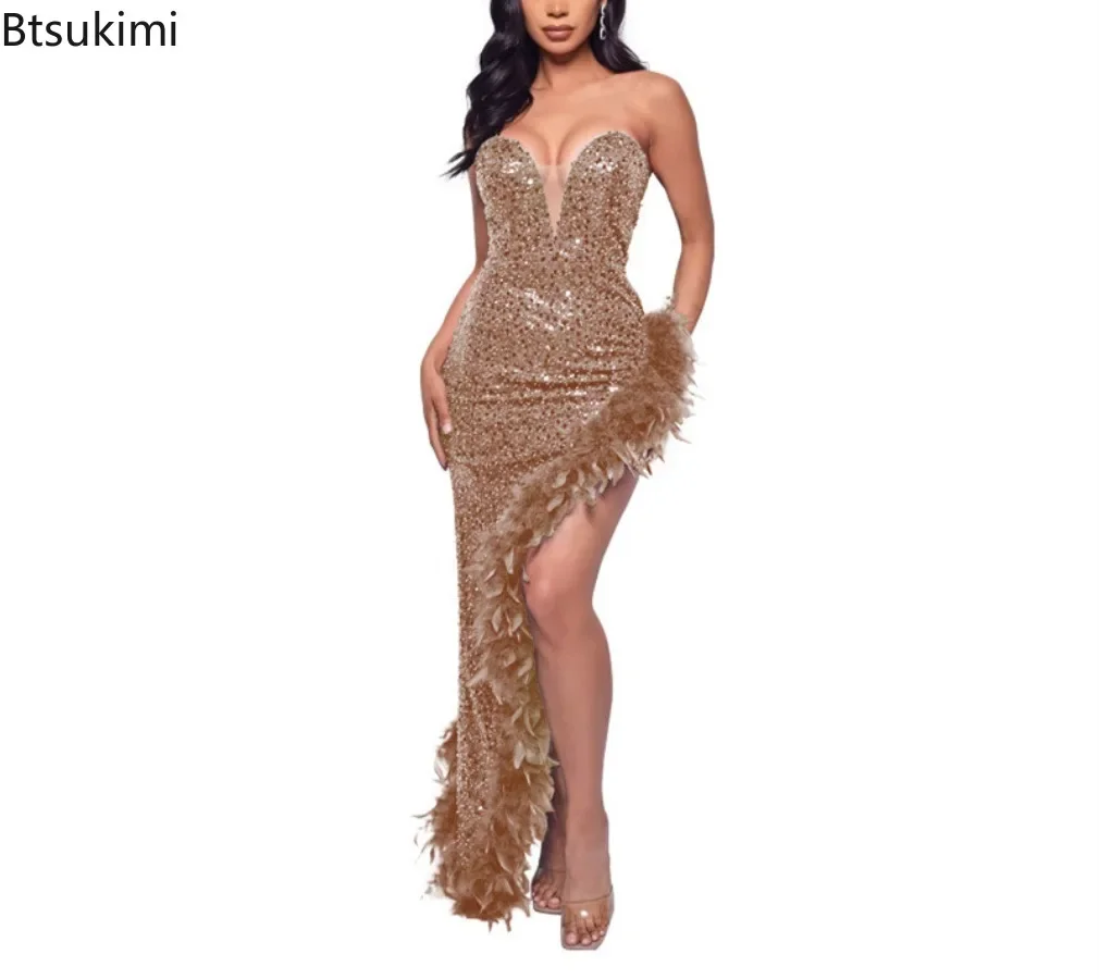 

Sexy Elegant Evening Dresses for Women Strapless Backless Maxi Dress Luxury Sequins Feather Design Women Party Bodycon Dress New