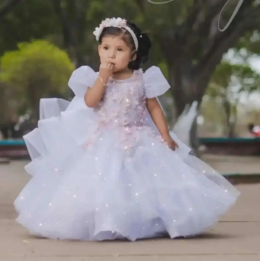 

Customized Lavender Flower Girl Dresses For Wedding Glitter Pearls 3D Appliques Floral Toddler Birthday Party Banquet Ball Gown