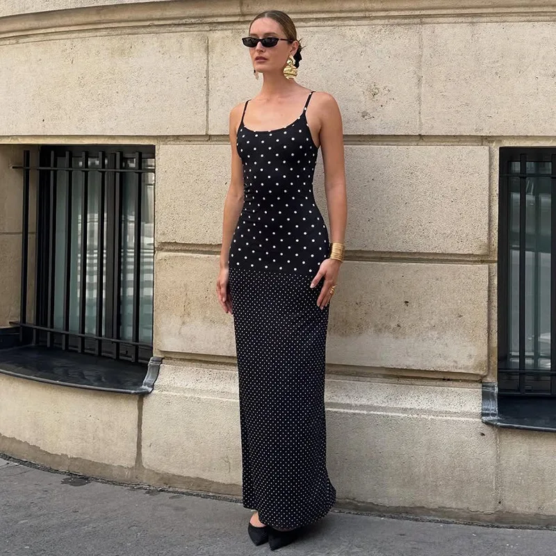 Vestido Largo sin Mangas con Tirantes Finos y Estampado de Lunares Franceses, Moda Femenina, Sexy, Ajustado, Estilo Urbano para Chicas Modernas