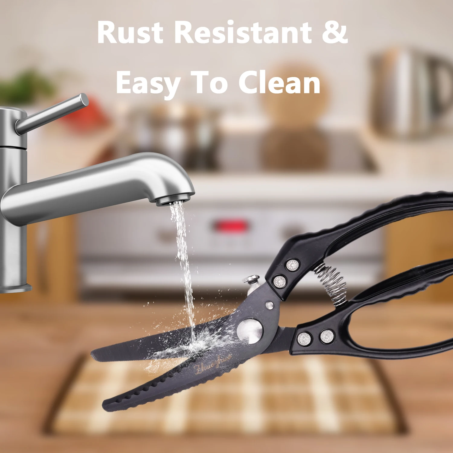 ZHUOZHUO Heavy Duty Kitchen Shears, Spring Loaded Poultry Scissors with Safety Lock, Serrated Stainless Steel Blades