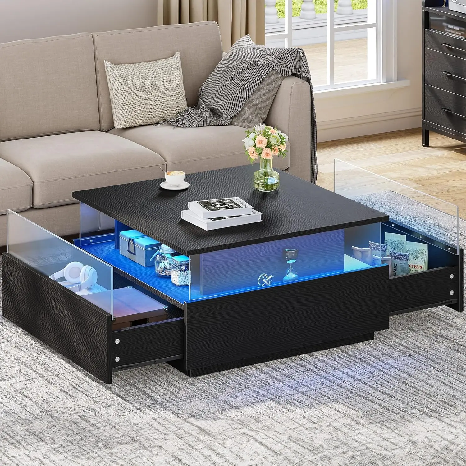 

Coffee Tables for Living Room with Storage, Square Coffee Table with 2 Sliding Drawers, Modern with LED Light