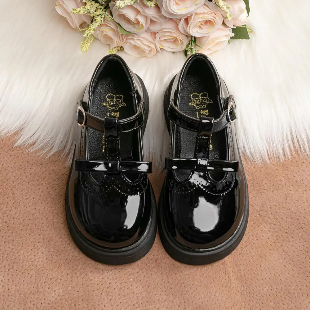 New Fashion Children\'s Shoes Simple Bow T Buckle Black Leather Shoes Classic Cute Versatile Princess Dress Shoes