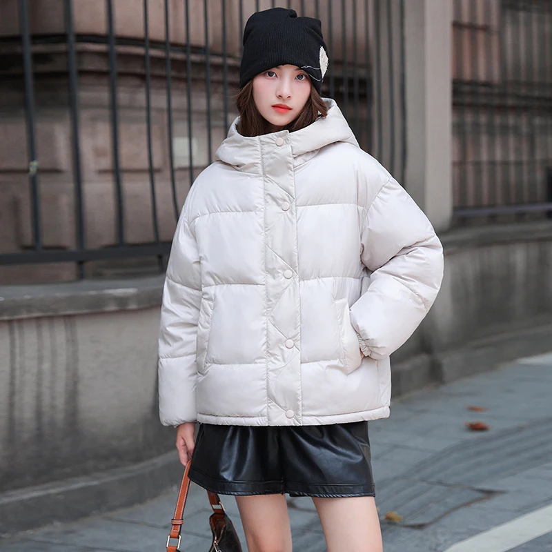 FIGOHR Women\'s Down Jacket 2024 Winter New Arrivals Solid Hooded Loose Cropped Coat Casual Buttoned Bread Jacket Female Overcoat