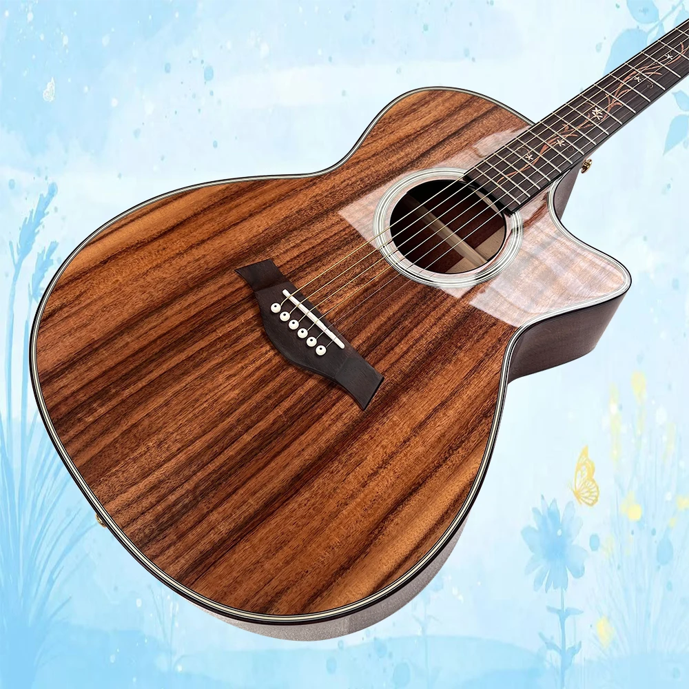 All Koa Wood K Style 24 Acoustic Guitar Dark Brown Natural Wood Color Solid Top Bone Nut & Saddle, Rosewood Fretboard Flower Inlays 20 Frets, 6-String, Ideal for Live Performances & Studio Recording Rich Mellow Bass Solo Specially Version Beginner Exquisi
