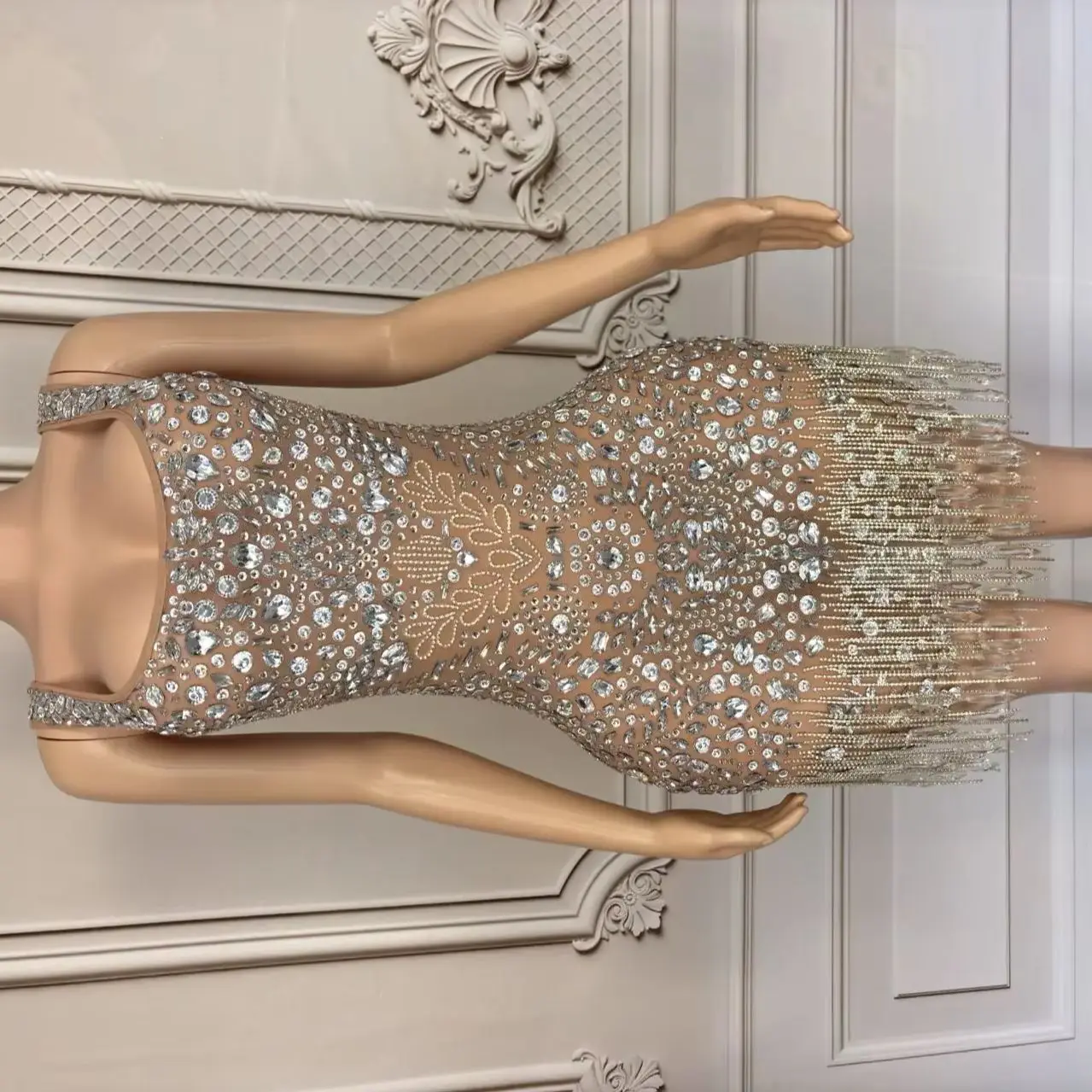 Funkelnde Kristalle Quaste Durchsichtiges Mesh Minikleid Sexy Frauen Luxus Couture Tanzkleidung Geburtstag Feiern Party Outfit
