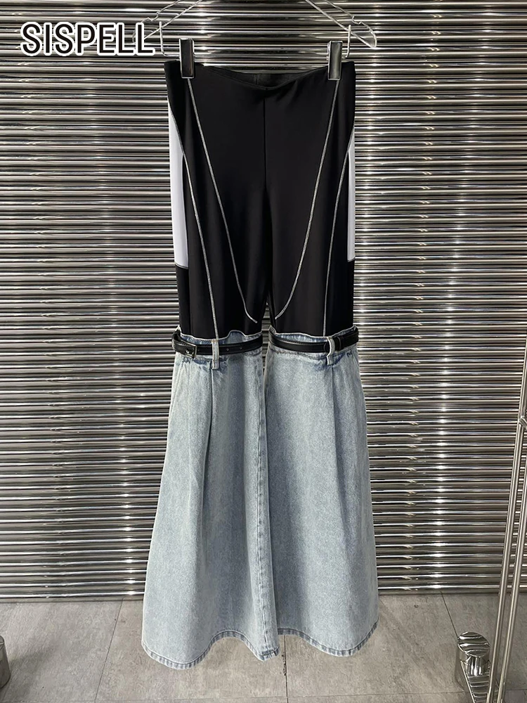 

SISPELL Streetwear Patchwork Belt Hit Color Denim Trousers For Women High Waist Loose Casual Wide Leg Jeans Female Summer New