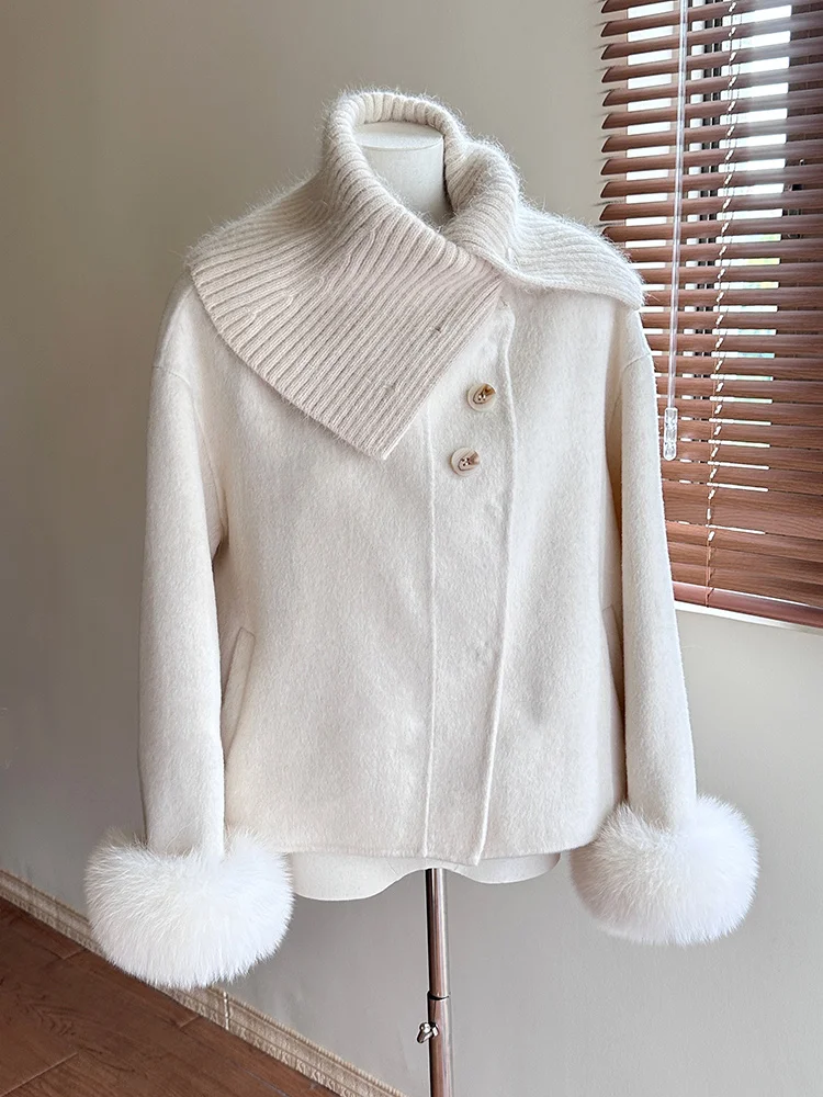 

2025 New Winter Women Natural Fox Fur Cuffs Jacket Wool Woolen Coat Real Fur Ladies Outerwear Female Coat