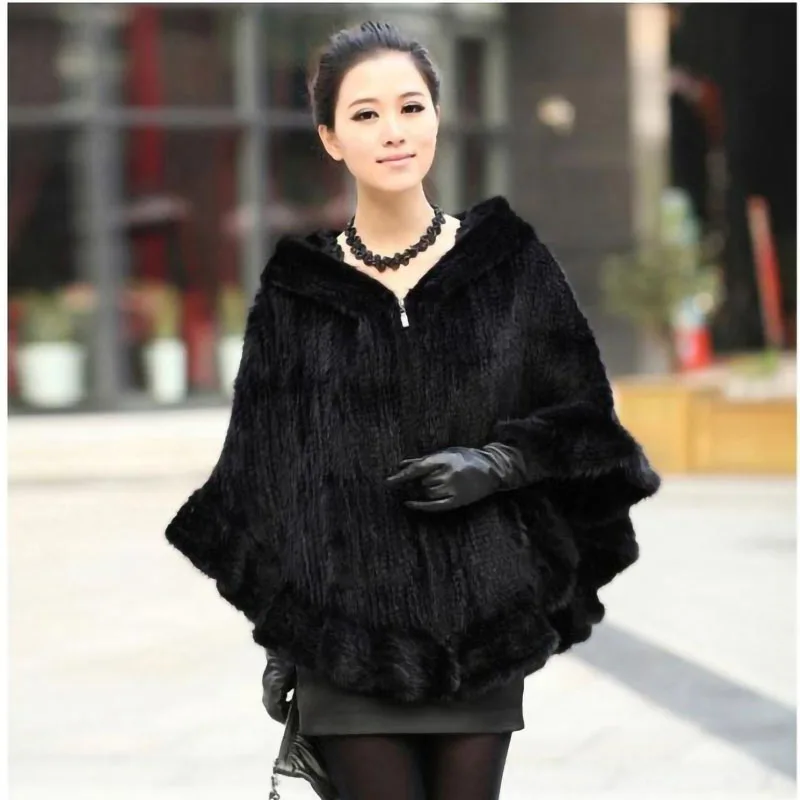 Châle en Fourrure de Vison group pour Femme, Étole avec Capuche, Poncho Pashmina, à la Mode, Hiver