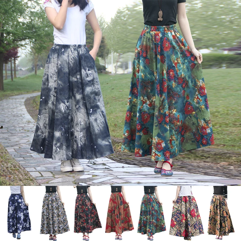 Cotton Linen Floral Print A-line Skirt Retro Elegant Bohemian Beach Skirt High Elastic Waist Maxi Skirt Travel Holiday Sun Skirt