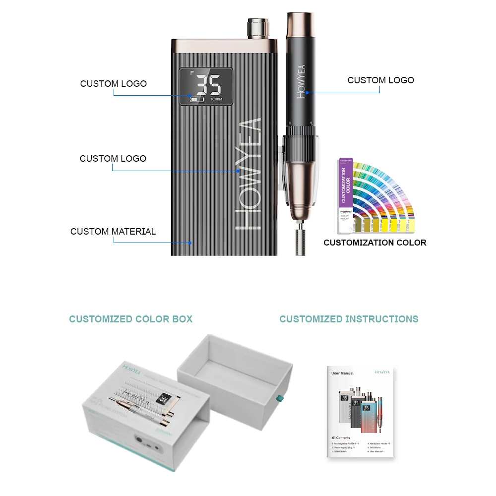 HOWYEA Strumenti per lucidare la macchina per manicure con trapano elettrico elettronico a batteria professionale Personalizza la etichetta privata 35000 giri/min