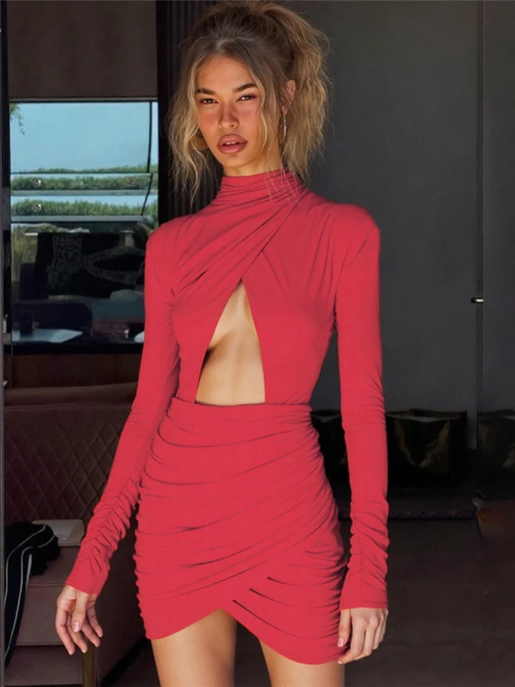 Gato estranho sexy cruz ruched sress feminino barriga recorte ombro acolchoado manga cheia estiramento fino festa de aniversário de natal bodycon