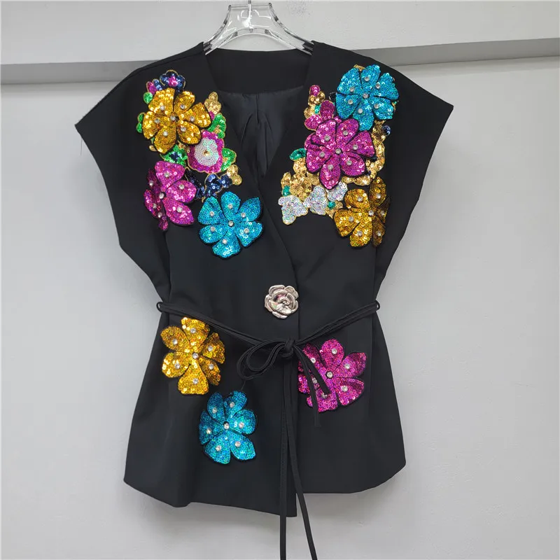 SuperAen 2025 primavera nuevo bordado lentejuelas Floral Patchwork chaleco para mujeres sueltas sin mangas abrigos casuales