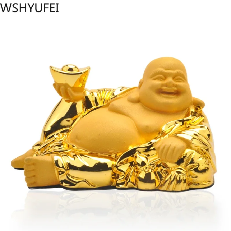 Gold Laughing Buddha Resin Statue Maitreya Buddha Sculpture Figurines Ornaments Home Car Bedroom Garden Decoration Statues