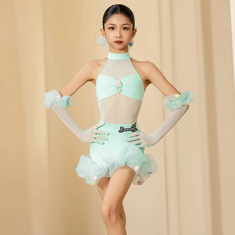 2025 เด็กใหม่เต้นรําชุดสาว Samba Chacha Latin Dance เครื่องแต่งกายการแข่งขันเสื้อผ้าเด็กสวมใส่ DW10763