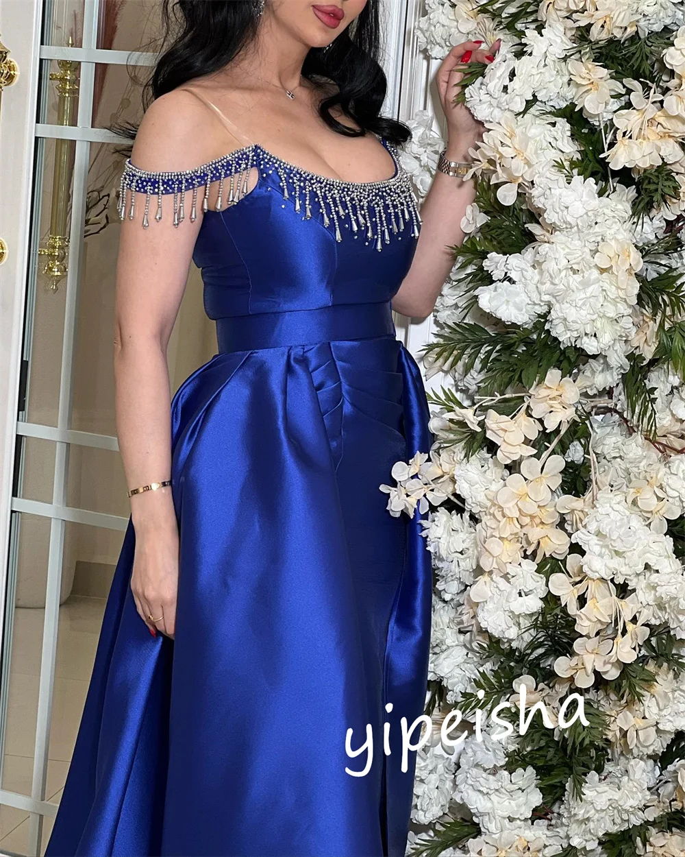 Gaun Midi Manik-line untuk wanita, gaun acara Off-the-shoulder Bespoke, Gaun Midi pertunangan manik-manik Satin