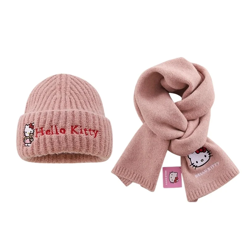 Neue Kawaii Hello Kitty gestrickte bestickte Schal japanische Sanrio Cartoon Kuromi Cinnamoroll Kinder Winter warme Mütze