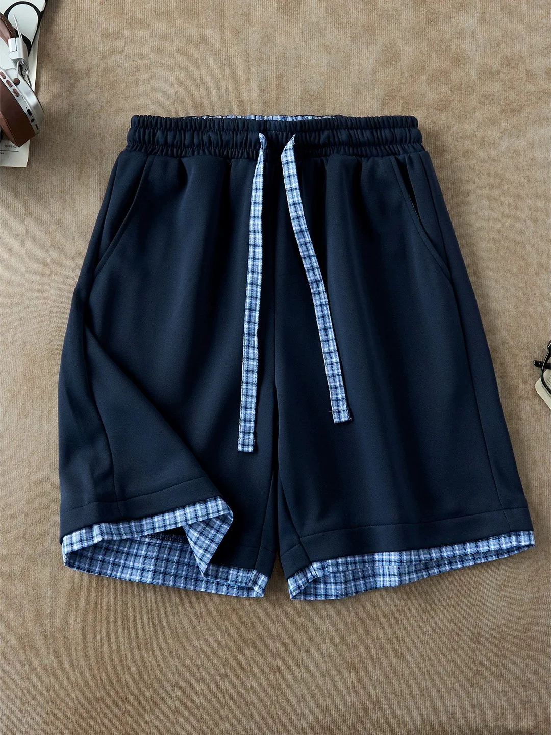 

Summer Trendy Men's Loose Lightweight Plaid Patchwork Shorts Elastic Waist Straight Leg Polyester Fiber Casual Daily Wear