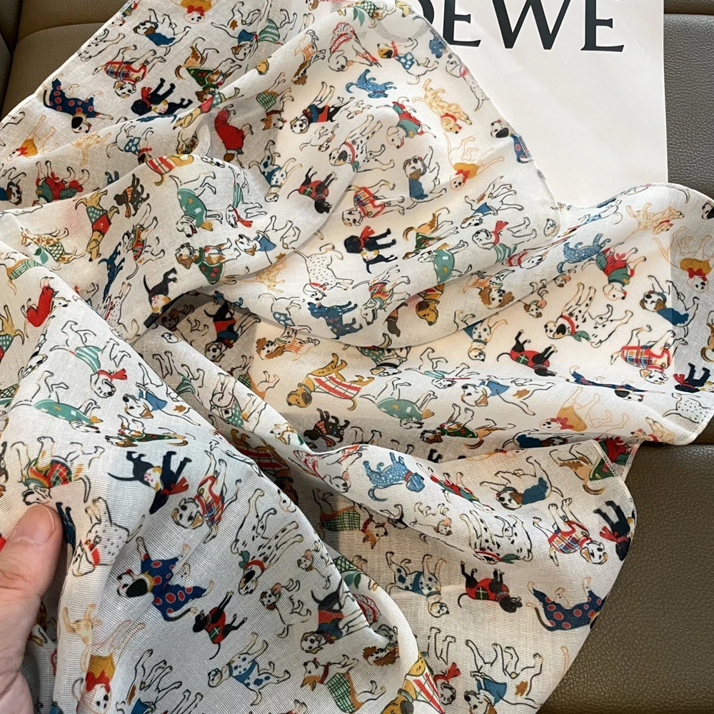 1pcs Cartoon Dog Print Silk Scarf Female Small Square Scarf Cartoon Fashion Versatile Decorative Neck Protecting Bandana Hijab
