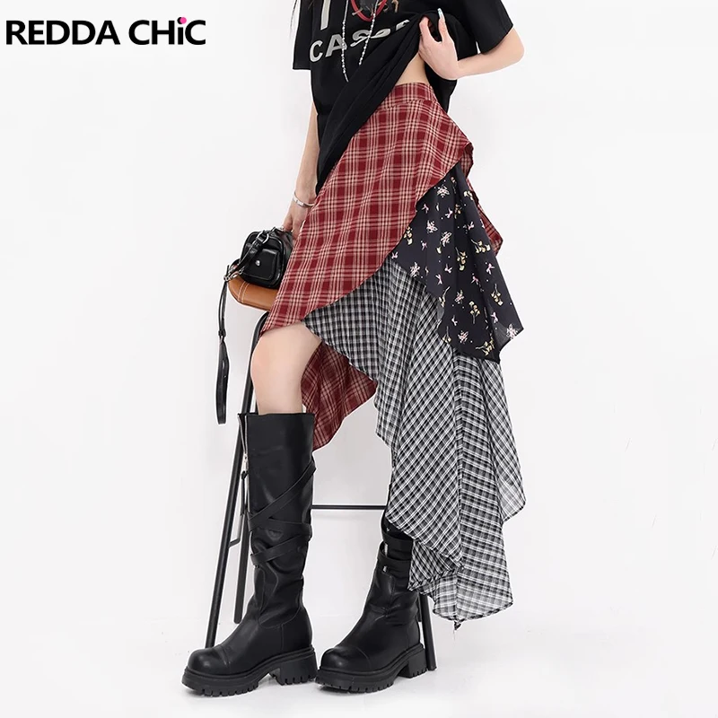 

REDDACHiC струящаяся длинная юбка с рюшами по подолу, женская ретро клетчатая лоскутная юбка трапециевидной формы с цветочным принтом, концертная фестивальная летняя одежда