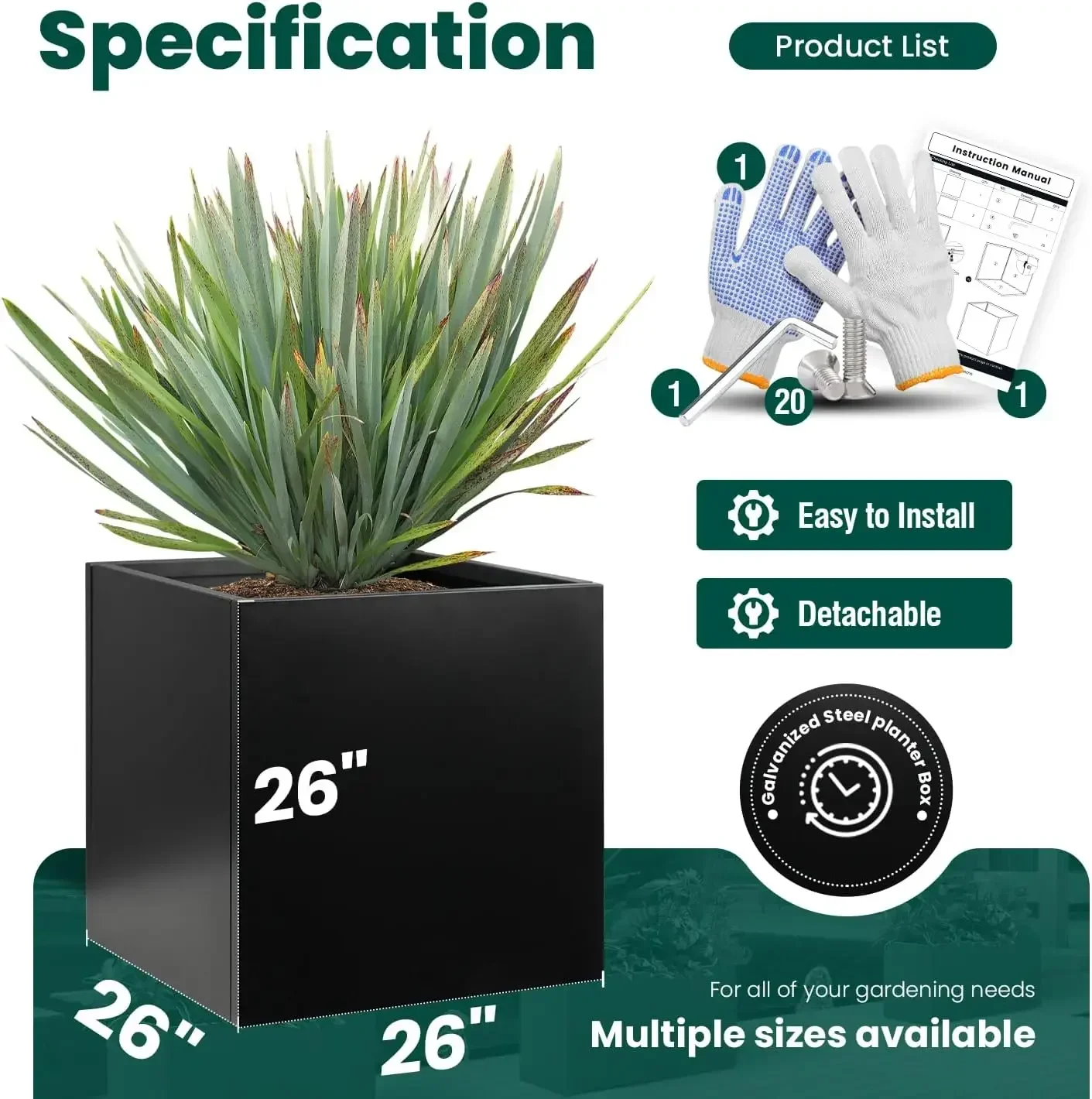 Galvanized Steel Planter Box 26Inch Black Metal Planter Large Square Indoor Outdoor Planters Cube Steel Heavy Duty Planter Powde