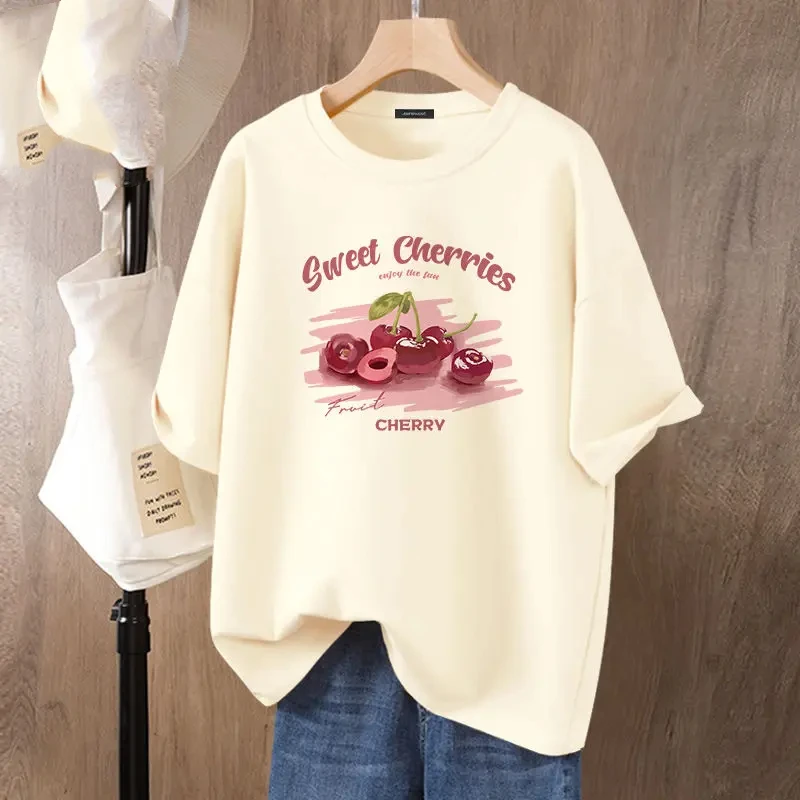 Women Loose T-shirt Summer Crew Neck Pure Cotton Short Sleeve Lifelike Cherries Printed Tops Lady Basics Casual Pullover