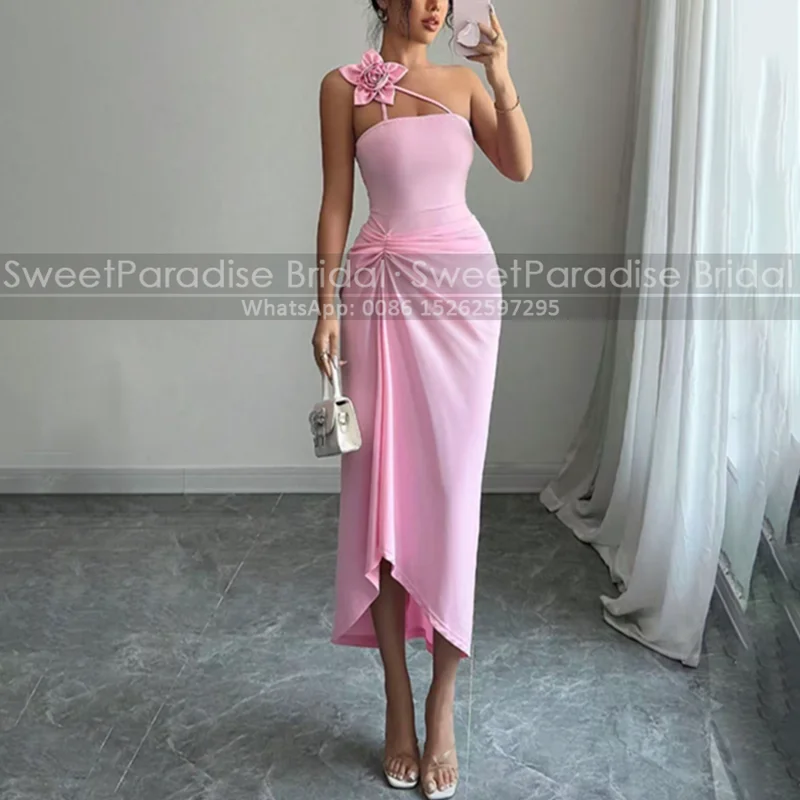 티 길이의 시스 칵테일 드레스, 플라워 원 숄더 슬리브리스 플리츠 머메이드 맞춤형 파티 드레스 여성용