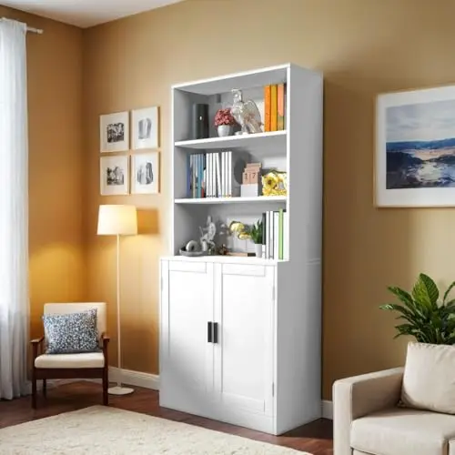 White 75-Inch 5-Tier Standing Bookshelf With Cabinet Doors For Living Room And Office Storage
