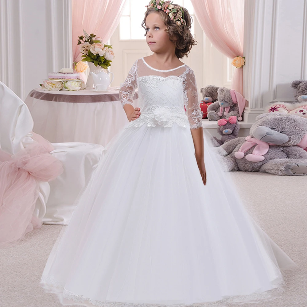 Teens White Flower Girl Party Dress Elegant Long Sleeve First Communion Wedding Princess Dresses for Kids Clothes Prom Ball Gown