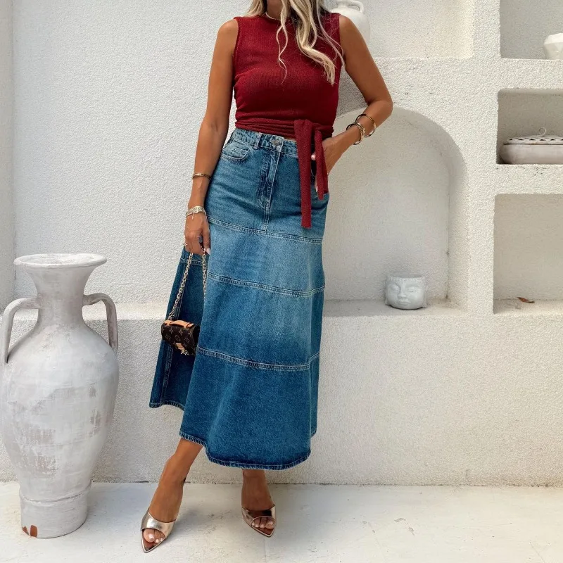 2026 Fashion Denim Skirt Women's Vintage Jean Maxi Skirts Spring Autumn High-waist Streetwear Lady Casual Big-hem A-line Skirts